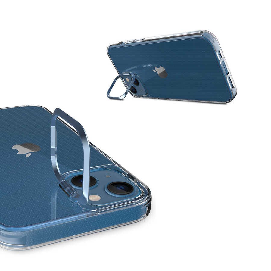 Apple  iPhone 14 Plus Kılıf Standlı Köşe ve Kamera Korumalı Sert Sararmaz Şeffaf Kapak (Skuba) Gümüş