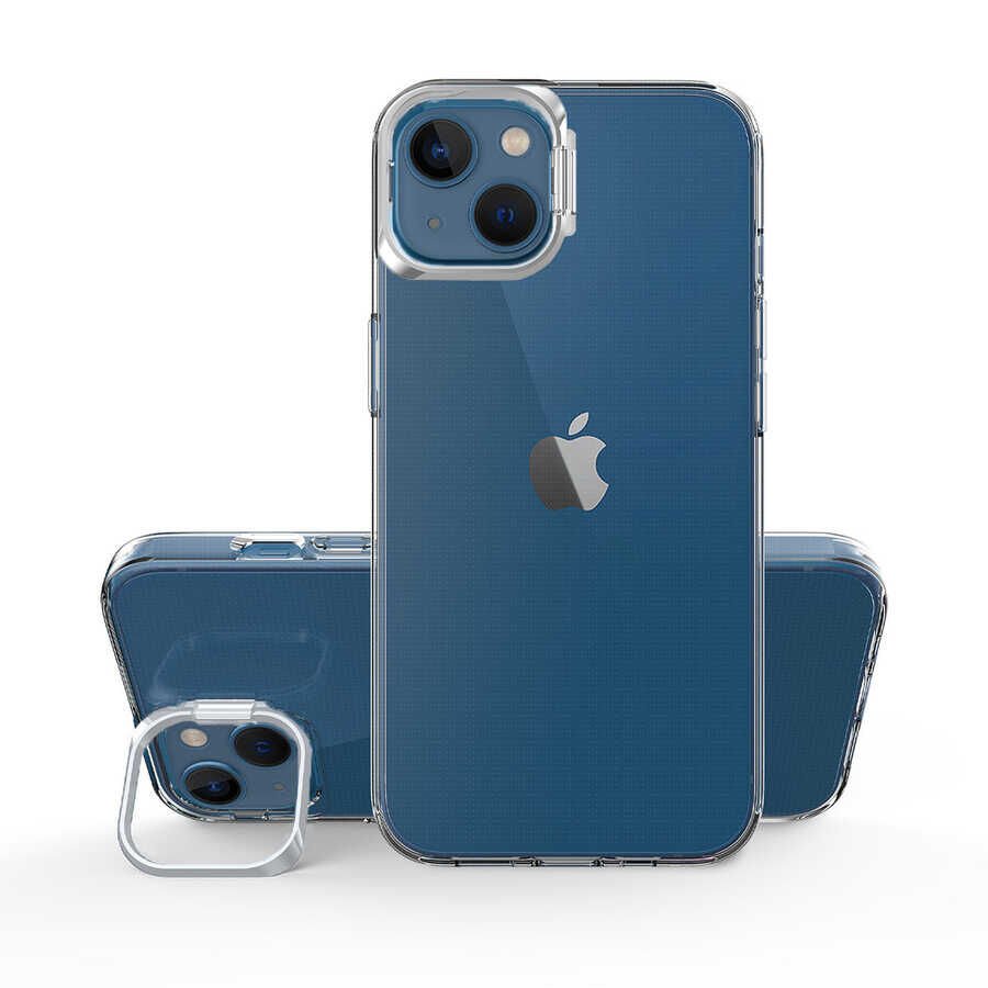 Apple  iPhone 14 Plus Kılıf Standlı Köşe ve Kamera Korumalı Sert Sararmaz Şeffaf Kapak (Skuba) Gümüş