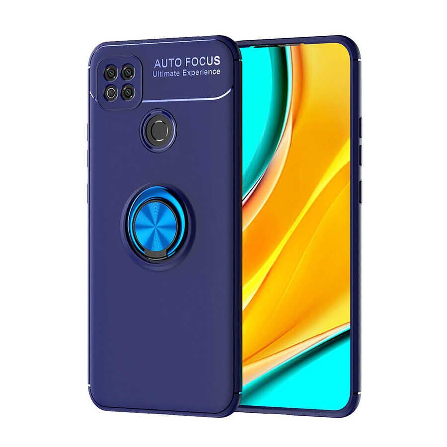 Xiaomi Redmi 9C Kılıf Kamera Çıkıntılı Renkli Yüzüklü Standlı Mıknatıslı Kapak (RAVEL) Siyah-Mavi