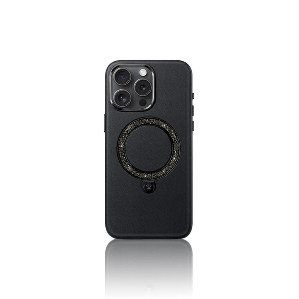 Apple iPhone 15 Pro Max Kılıf Magsafe Şarj Özellikli Standlı Suni Deri Tasarımlı Pynana Dancing Circle Serisi Kapak