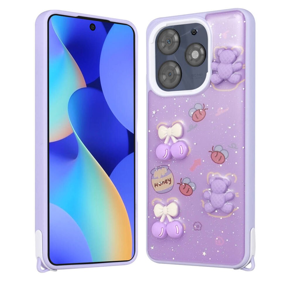 Tecno Spark 10 Pro Kılıf Parlayan Sıvılı Simli Kabartma Figürlü Kapak (Cevze) Mor Ayı