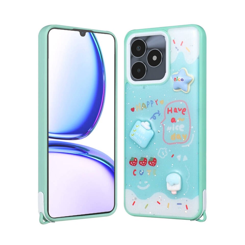 Realme C53 4G Kılıf Parlayan Sıvılı Simli Kabartma Figürlü Kapak (Cevze) Yeşil