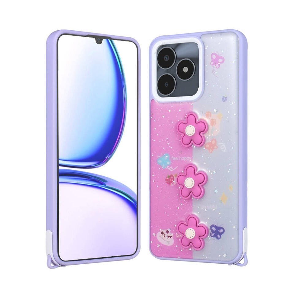 Realme C53 4G Kılıf Parlayan Sıvılı Simli Kabartma Figürlü Kapak (Cevze) Mor Papatya