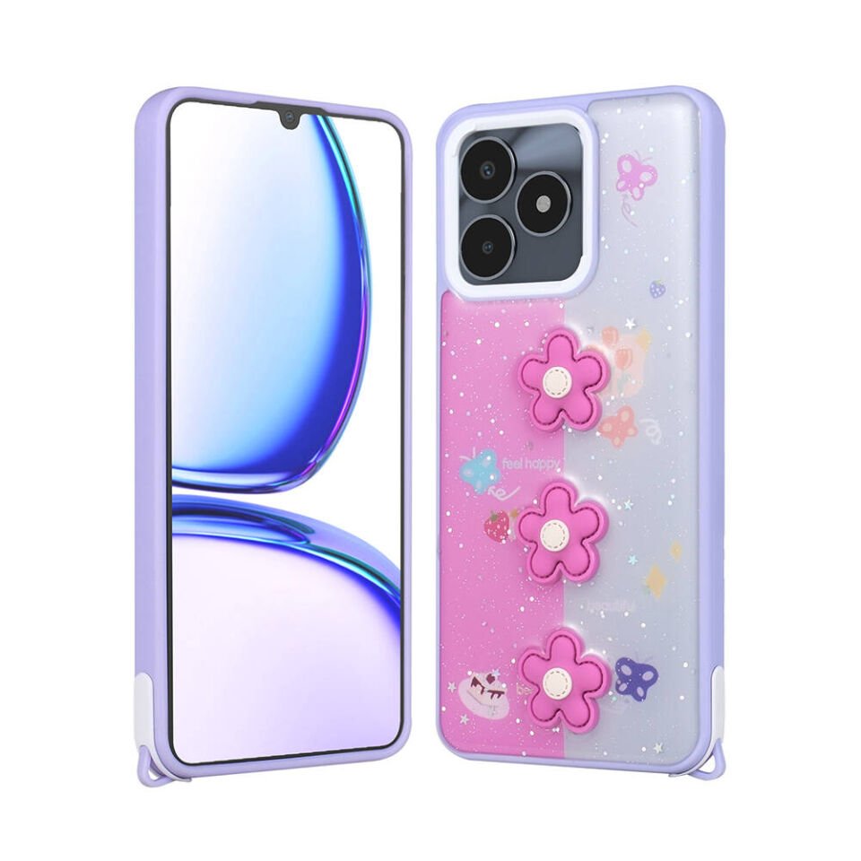 Realme C53 4G Kılıf Parlayan Sıvılı Simli Kabartma Figürlü Kapak (Cevze) Mor Papatya