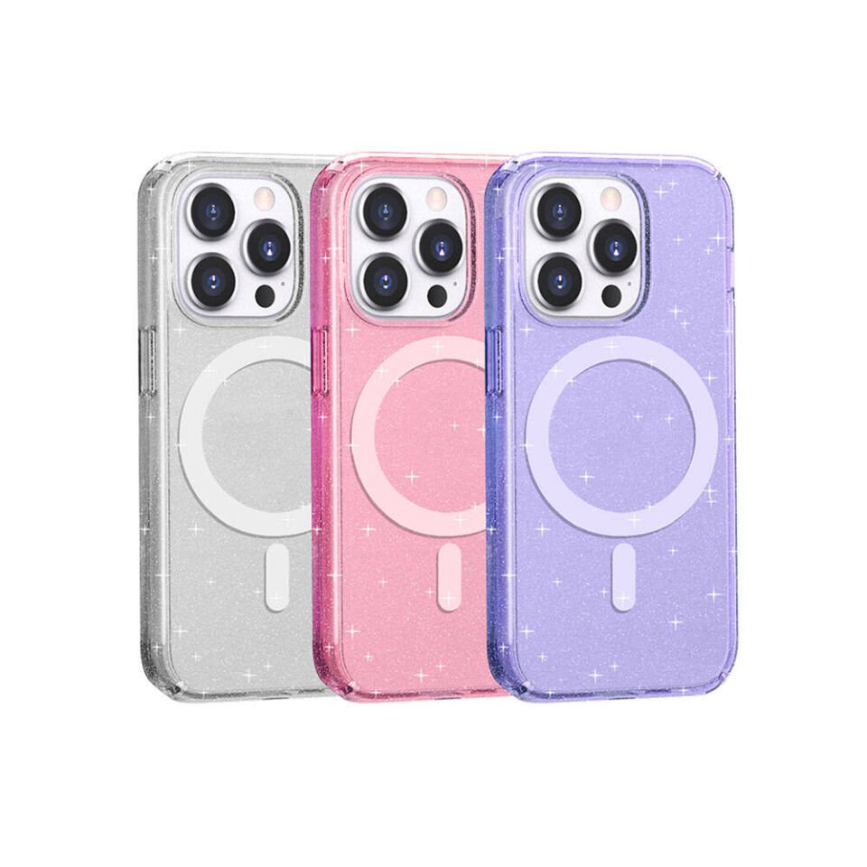 Apple  iPhone 14 Pro Max Kılıf Magsafe Şarj Özellikli Parlayan Simli Saydam Renkli Kapak (Allstar) Pembe