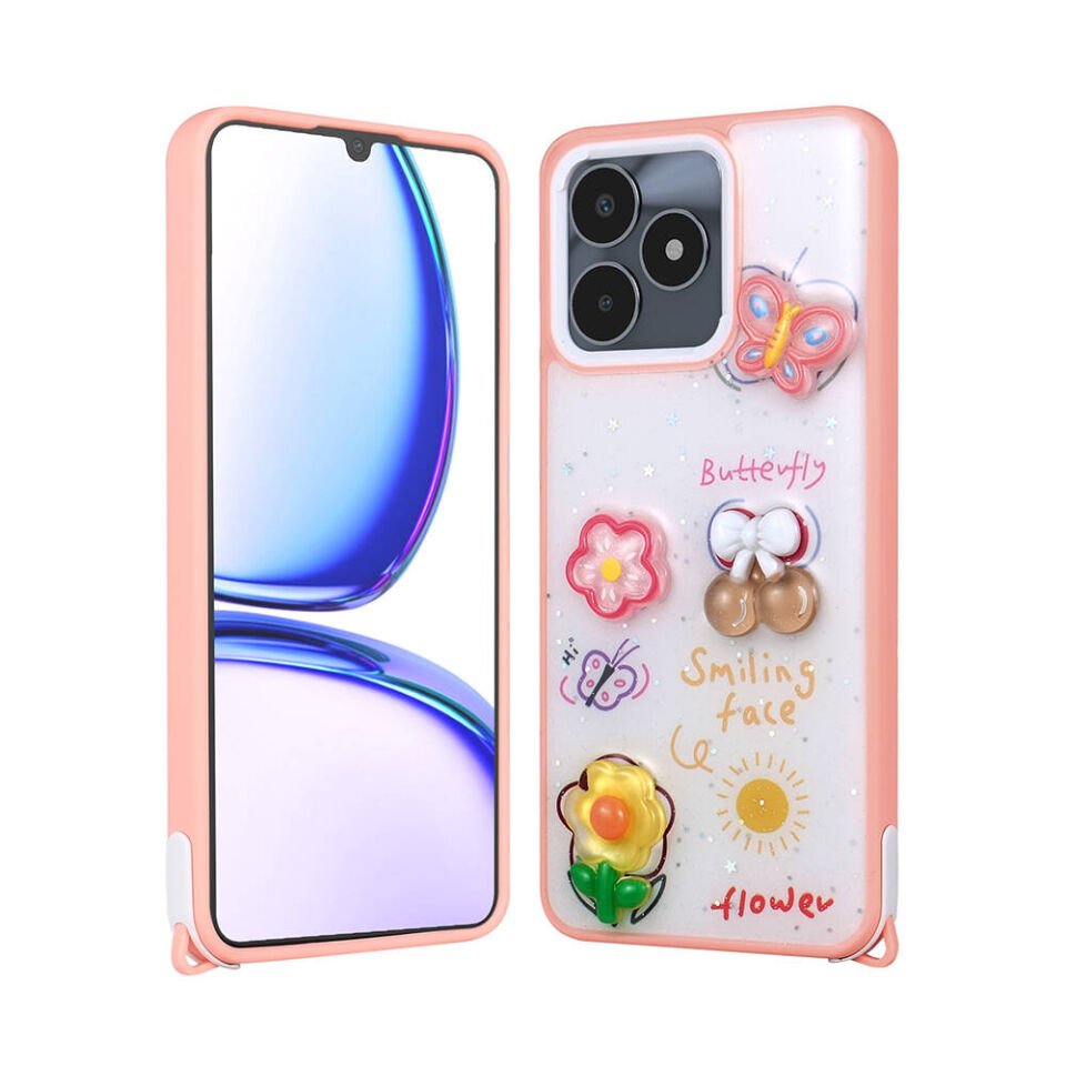 Realme C53 4G Kılıf Parlayan Sıvılı Simli Kabartma Figürlü Kapak (Cevze) Pembe