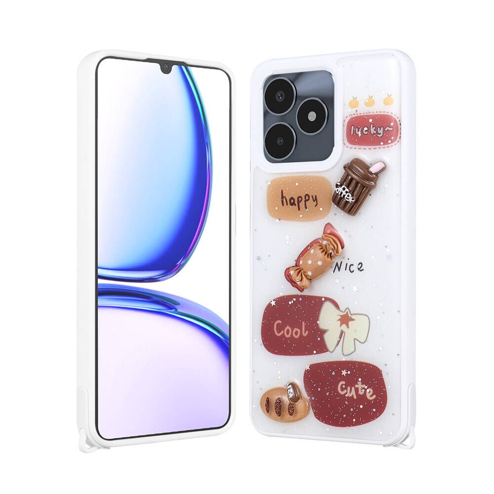 Realme C53 4G Kılıf Parlayan Sıvılı Simli Kabartma Figürlü Kapak (Cevze) Beyaz