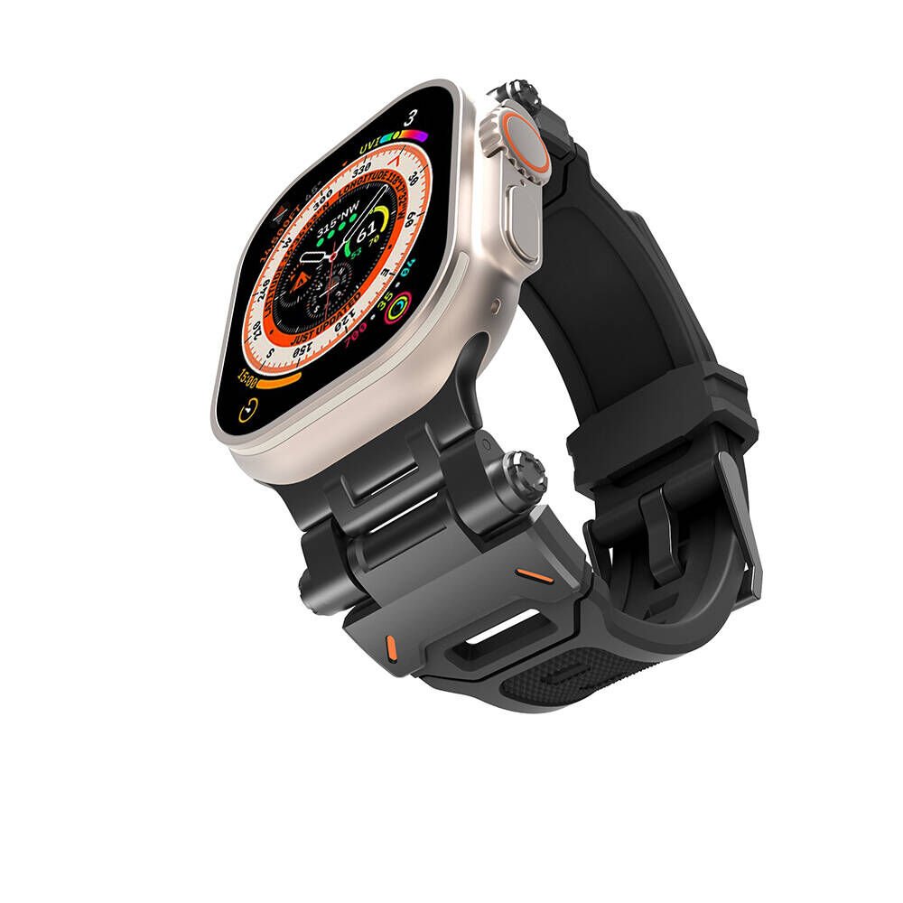 Apple Watch 2/3/4/5/6/7/8/9/se/ultra/nike 42mm 44mm 45mm 49mm Metal Başlıklı Kordon (KRD-108) Siyah