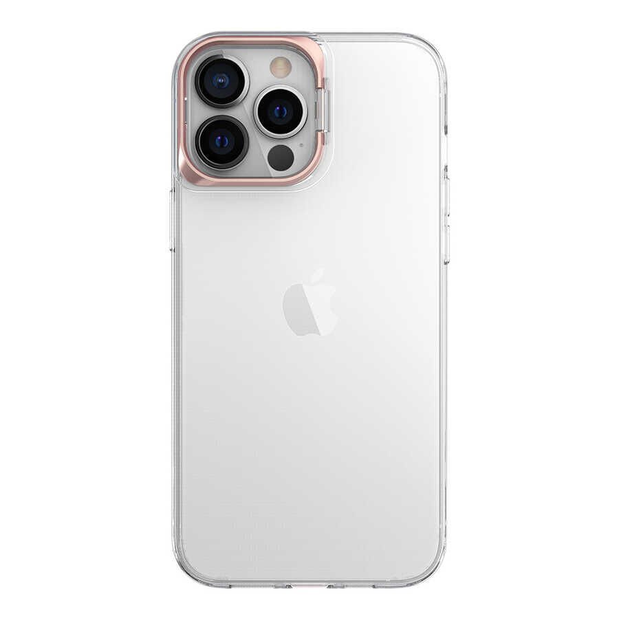 Apple  iPhone 14 Pro Max Kılıf Standlı Köşe ve Kamera Korumalı Sert Sararmaz Şeffaf Kapak (Skuba) Gold