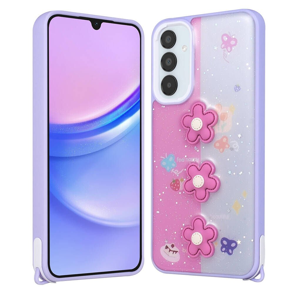 Samsung Galaxy A25 Kılıf Parlayan Sıvılı Simli Kabartma Figürlü Kapak (Cevze) Mor Papatya