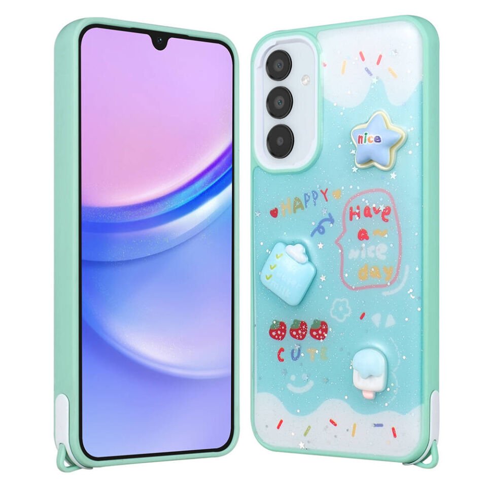 Samsung Galaxy A35 Kılıf Parlayan Sıvılı Simli Kabartma Figürlü Kapak (Cevze) Yeşil