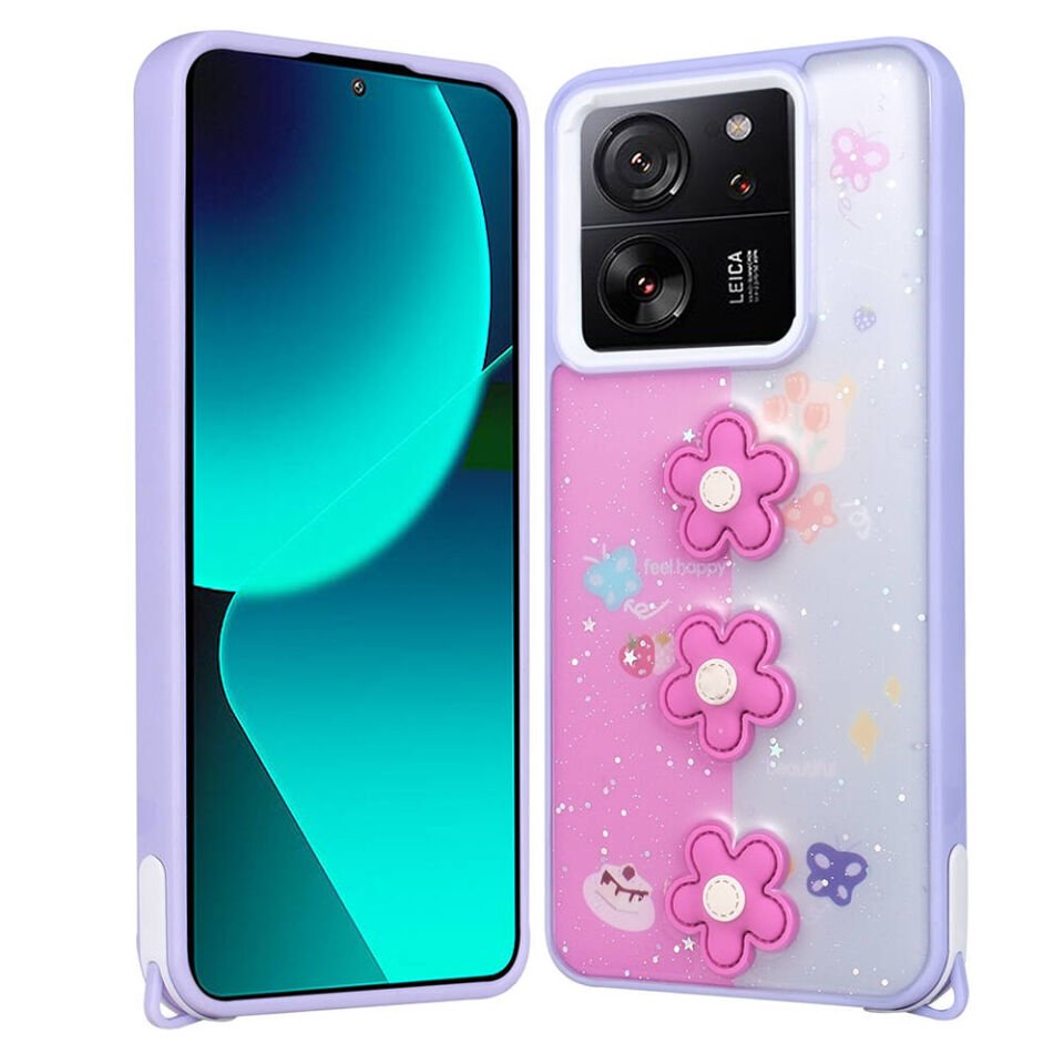 Xiaomi Mi 13T Kılıf Parlayan Sıvılı Simli Kabartma Figürlü Kapak (Cevze) Mor Papatya