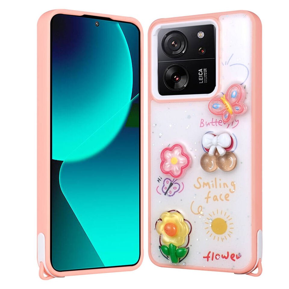 Xiaomi Mi 13T Kılıf Parlayan Sıvılı Simli Kabartma Figürlü Kapak (Cevze) Pembe