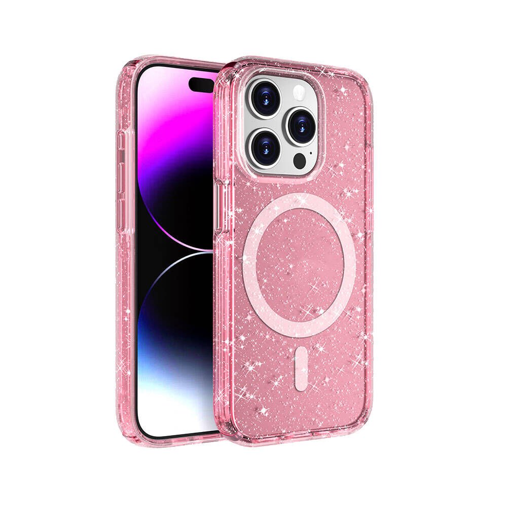 Apple  iPhone 15 Pro Max Kılıf Magsafe Şarj Özellikli Parlayan Simli Saydam Renkli Kapak (Allstar) Pembe