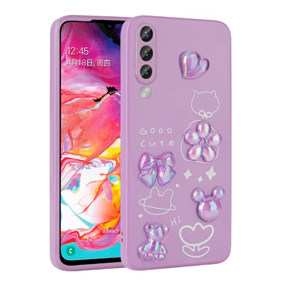 Samsung Galaxy A70 Kılıf Kamera Korumalı Kabartma Figürlü Parlak Silikon Kapak (Toys) Mor