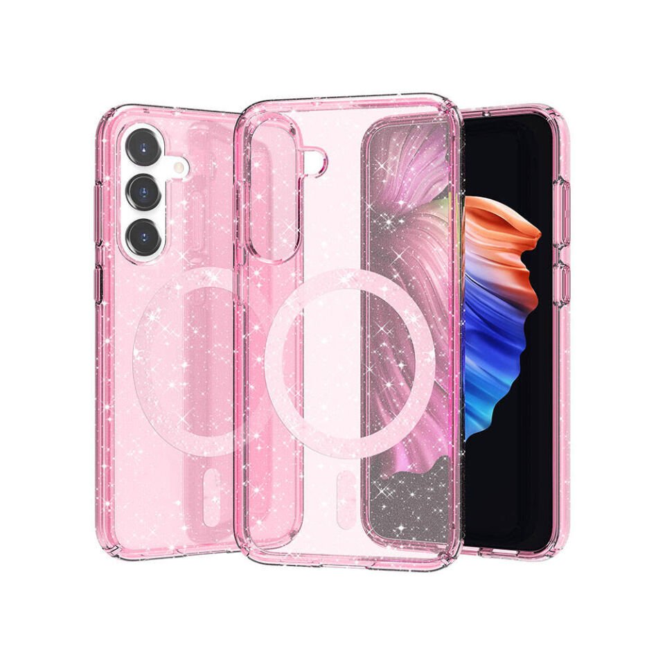 Samsung Galaxy S23 FE Kılıf Magsafe Şarj Özellikli Parlayan Simli Saydam Renkli Kapak (Allstar) Pembe
