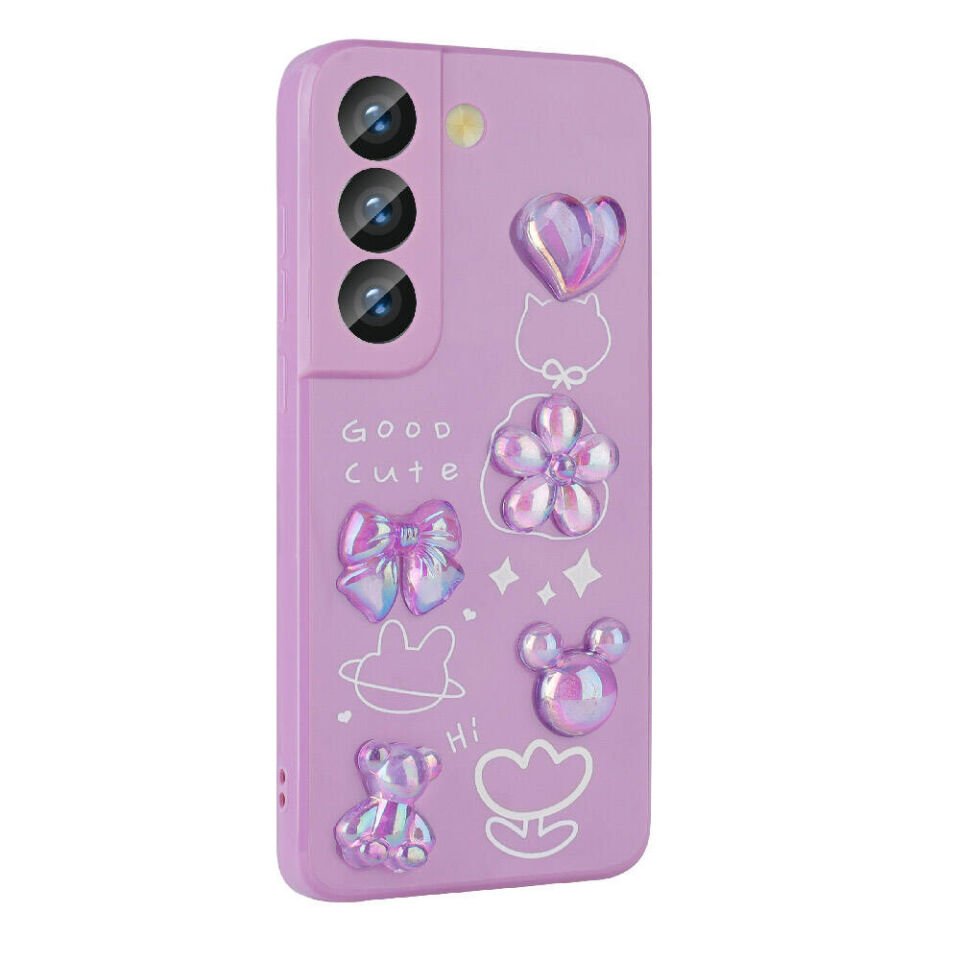 Samsung Galaxy S22 Kılıf Kamera Korumalı Kabartma Figürlü Parlak Silikon Kapak (Toys) Pembe