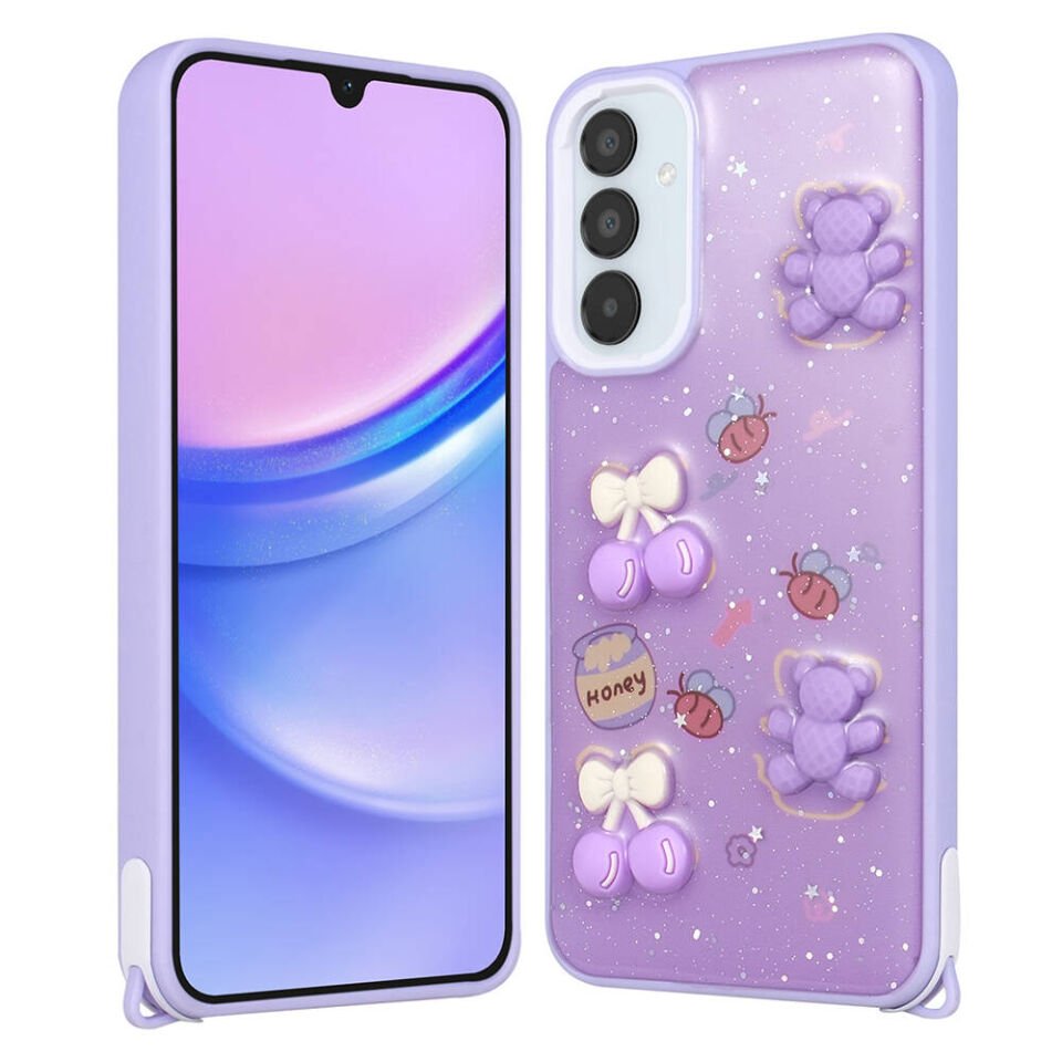 Samsung Galaxy A34 Kılıf Parlayan Sıvılı Simli Kabartma Figürlü Kapak (Cevze) Mor Ayı