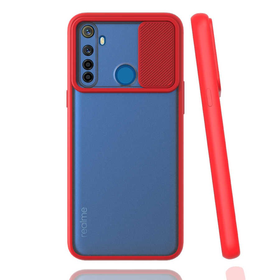 Realme 5İ Kılıf Slayt Sürgülü Kamera Korumalı Renkli Silikon Kapak Kırmızı