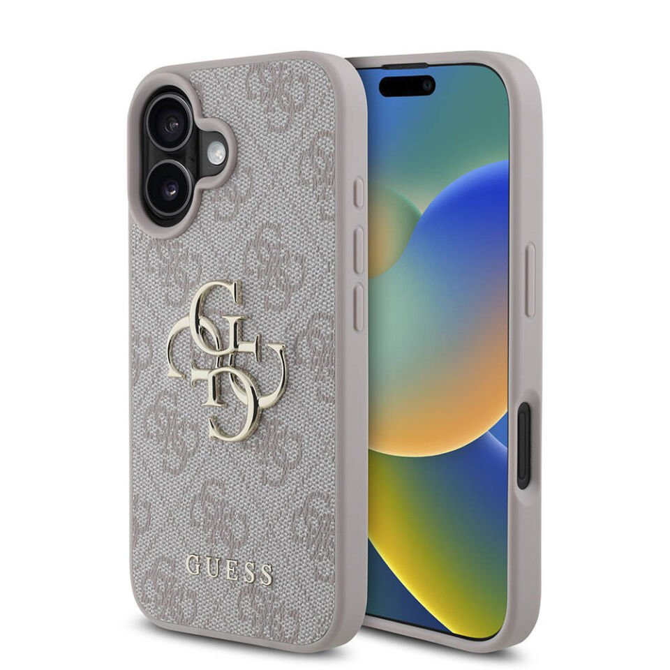 Apple iPhone 16 Kılıf Guess Orjinal Lisanslı PU Deri 4G Desenli Metal Büyük 4G ve Yazı Logolu Kapak
