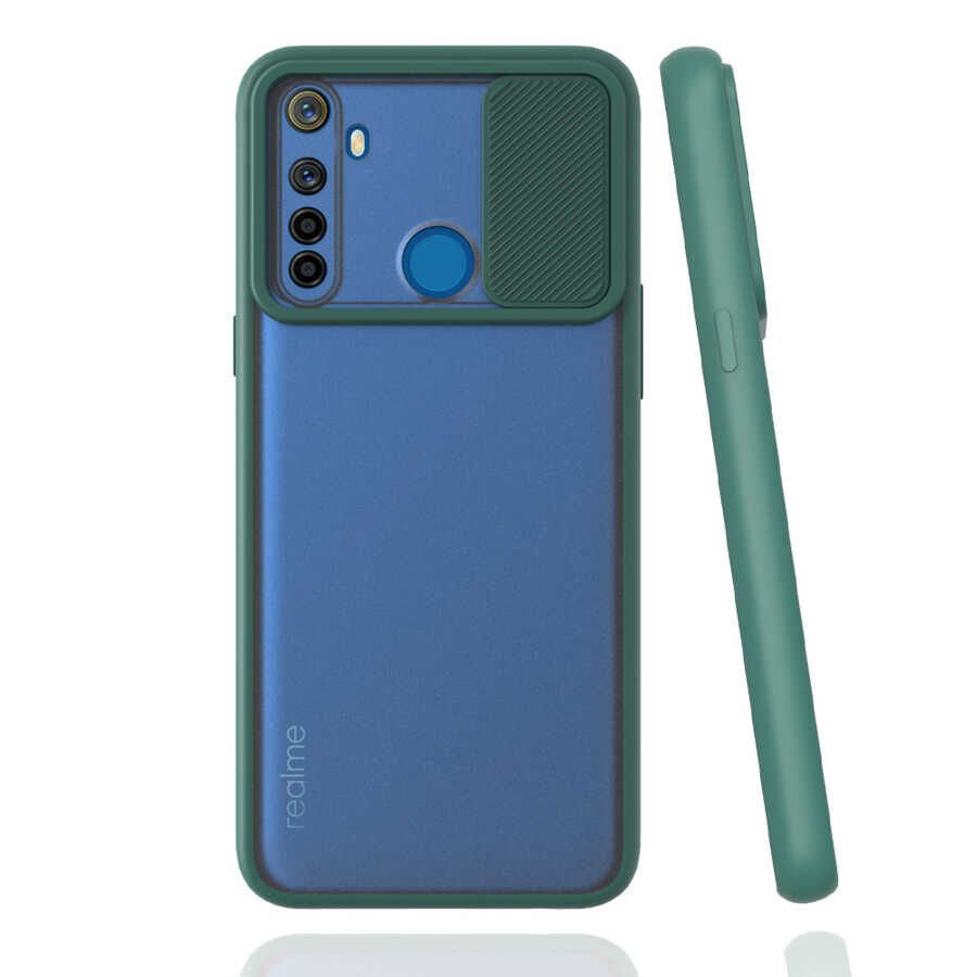 Realme 5İ Kılıf Slayt Sürgülü Kamera Korumalı Renkli Silikon Kapak Koyu Yeşil