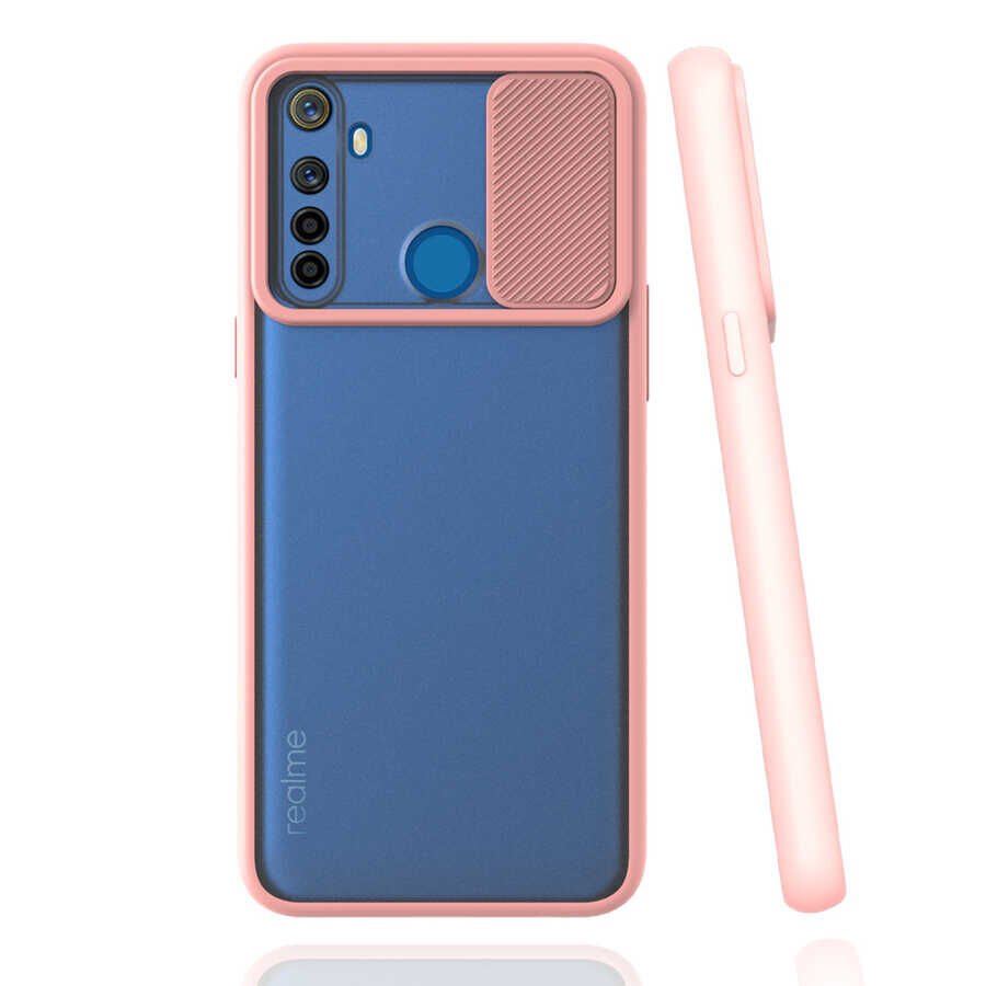 Realme 5İ Kılıf Slayt Sürgülü Kamera Korumalı Renkli Silikon Kapak Pembe Açık