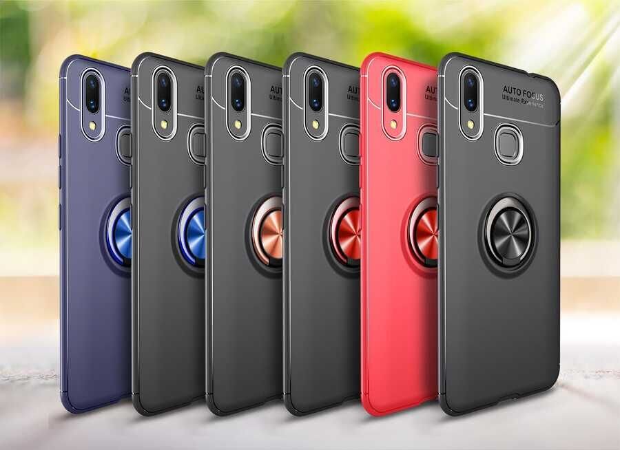 Xiaomi Mi Max 3 Kılıf Kamera Çıkıntılı Renkli Yüzüklü Standlı Mıknatıslı Kapak (RAVEL) Siyah