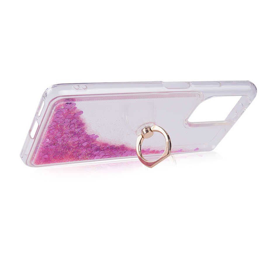 Xiaomi Mi 11İ Kılıf Sıvılı Akışkanlı Desenli Simli Yüzüklü Silikon Kapak (MİLCE) Pembe