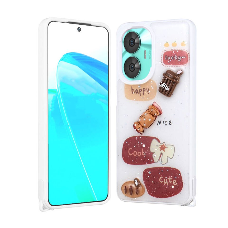 Realme C55 4G Kılıf Parlayan Sıvılı Simli Kabartma Figürlü Kapak (Cevze) Beyaz