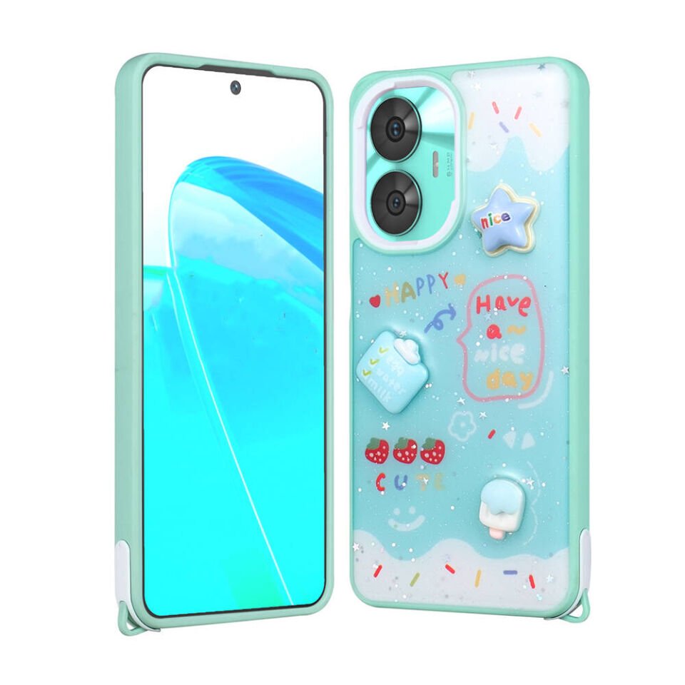 Realme C55 4G Kılıf Parlayan Sıvılı Simli Kabartma Figürlü Kapak (Cevze) Yeşil