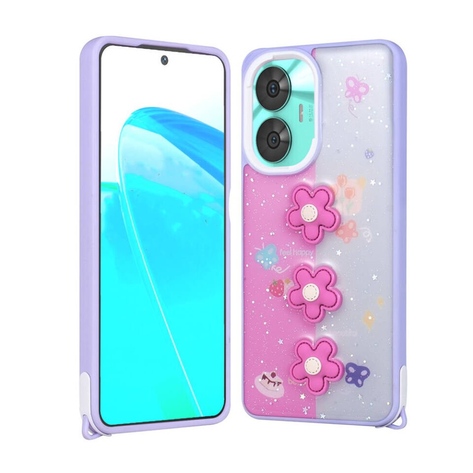 Realme C55 4G Kılıf Parlayan Sıvılı Simli Kabartma Figürlü Kapak (Cevze) Mor Papatya