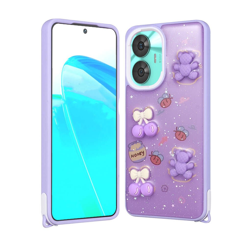 Realme C55 4G Kılıf Parlayan Sıvılı Simli Kabartma Figürlü Kapak (Cevze) Mor Ayı