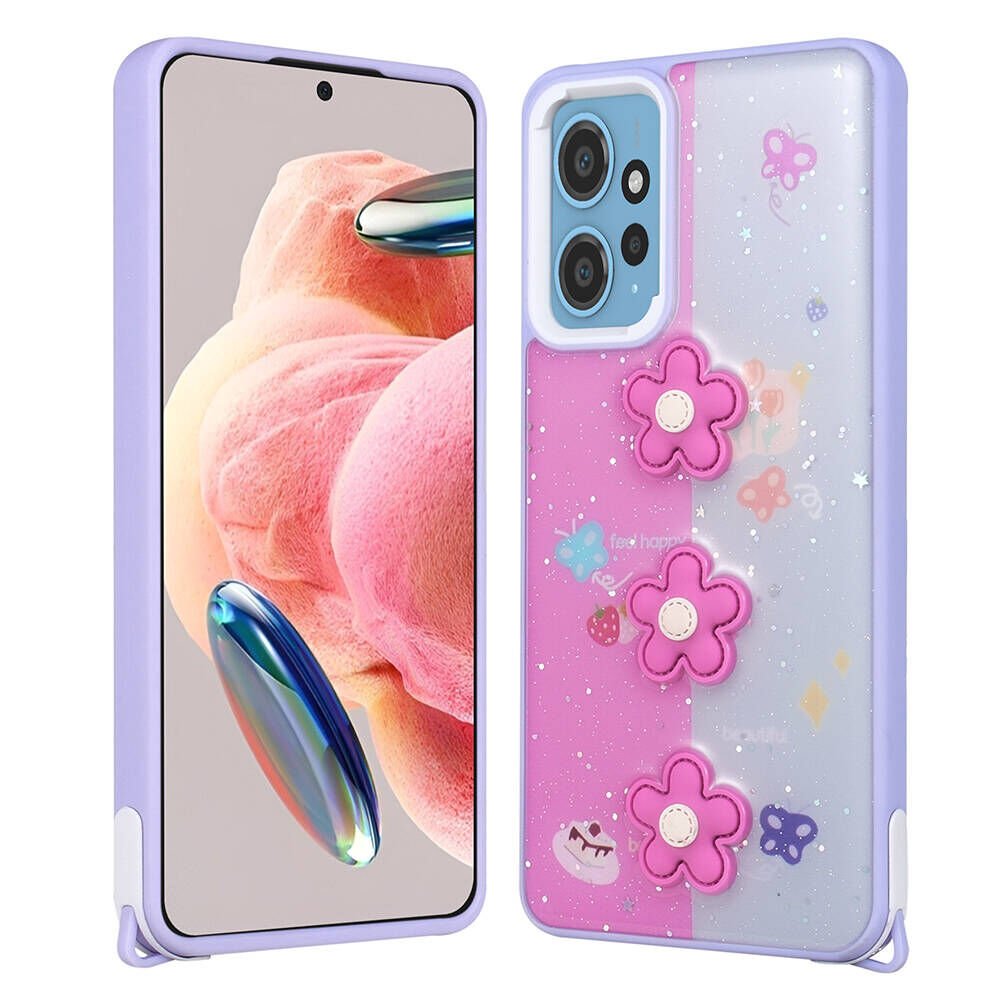 Xiaomi Redmi 12 4G Kılıf Parlayan Sıvılı Simli Kabartma Figürlü Kapak (Cevze) Mor Papatya