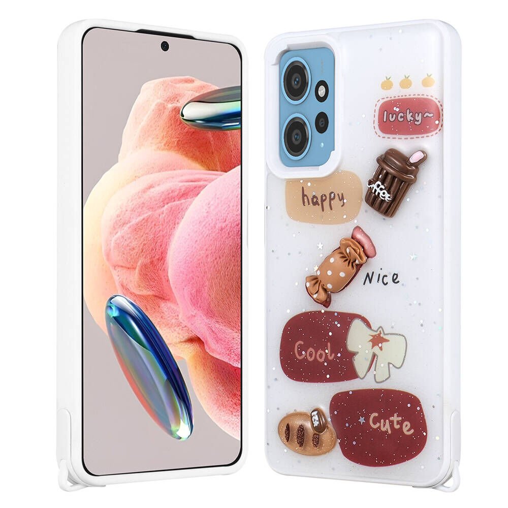 Xiaomi Redmi 12 4G Kılıf Parlayan Sıvılı Simli Kabartma Figürlü Kapak (Cevze) Beyaz