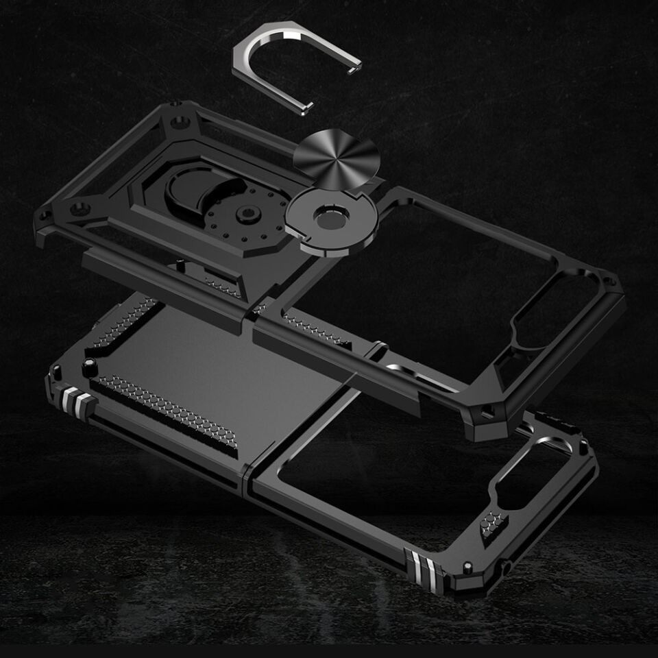 Galaxy Z Flip 5 Kılıf Tank Zırh Yüzüklü Mıknatıslı Standlı Kapak (VEGA) Siyah