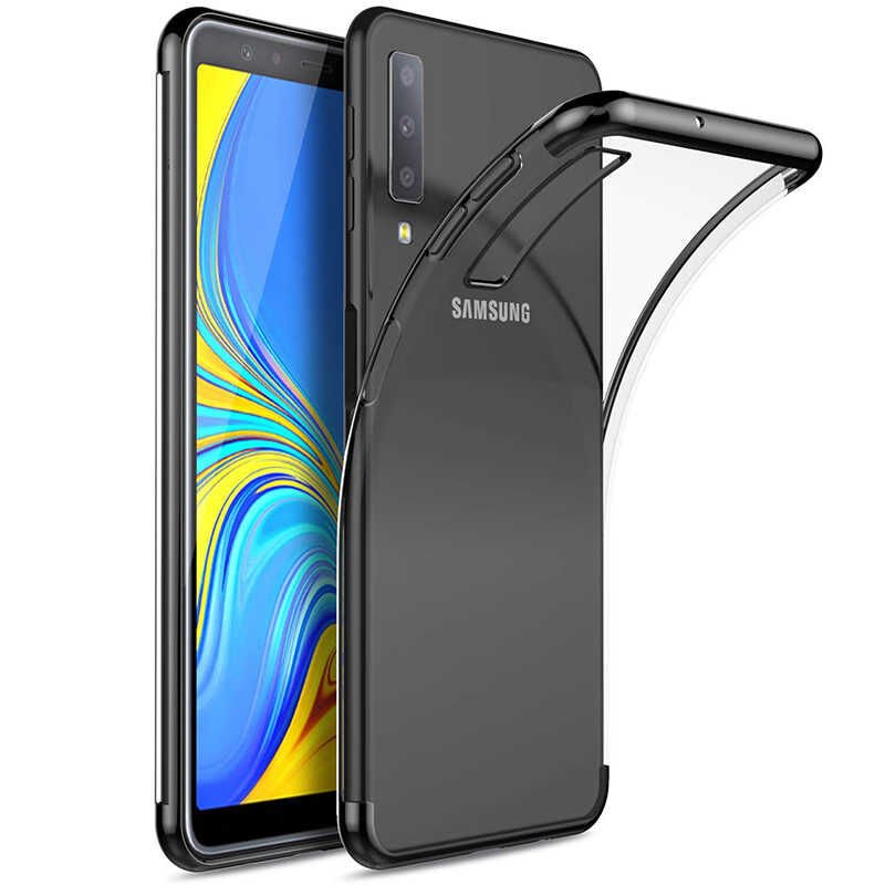 Samsung Galaxy A7 2018 Kılıf Dört Köşe Renkli Lazer Şeffaf Silikon Kapak (GLİTTER) Siyah