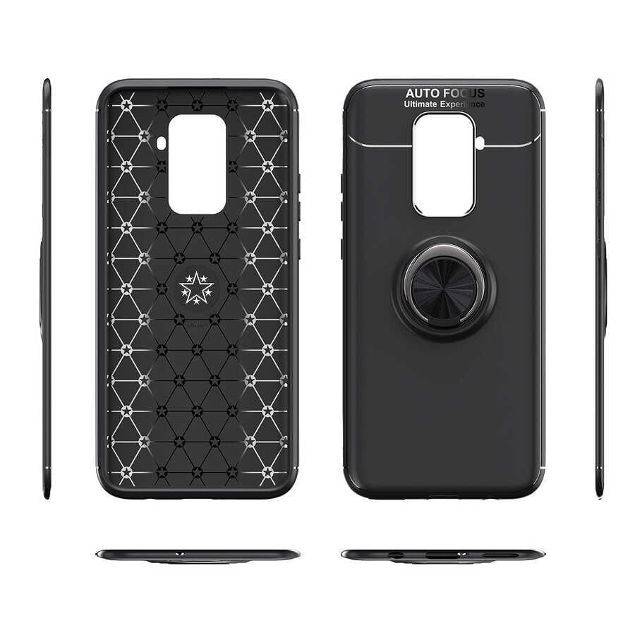 Huawei Mate 30 Lite Kılıf Kamera Çıkıntılı Renkli Yüzüklü Standlı Mıknatıslı Kapak (RAVEL) Siyah-Mavi