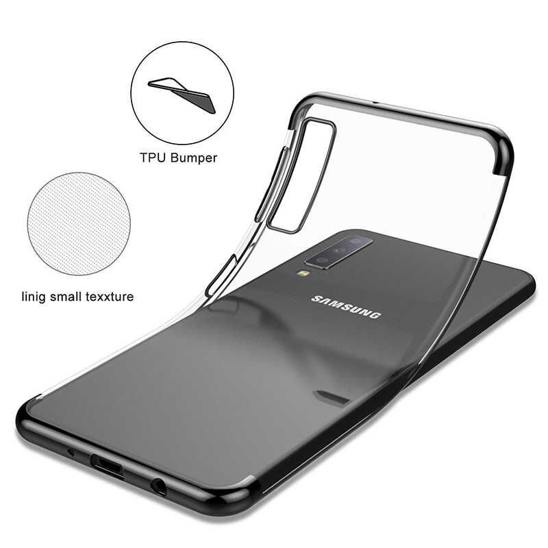 Samsung Galaxy A7 2018 Kılıf Dört Köşe Renkli Lazer Şeffaf Silikon Kapak (GLİTTER) Gri