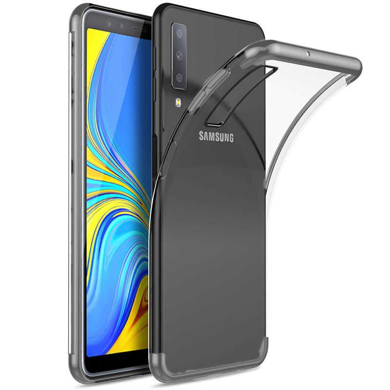 Samsung Galaxy A7 2018 Kılıf Dört Köşe Renkli Lazer Şeffaf Silikon Kapak (GLİTTER) Gri