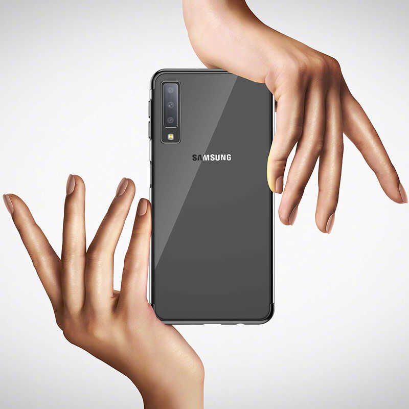 Samsung Galaxy A7 2018 Kılıf Dört Köşe Renkli Lazer Şeffaf Silikon Kapak (GLİTTER) Gold