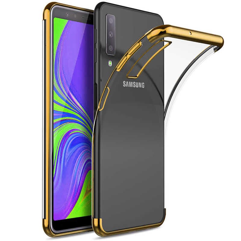 Samsung Galaxy A7 2018 Kılıf Dört Köşe Renkli Lazer Şeffaf Silikon Kapak (GLİTTER) Gold