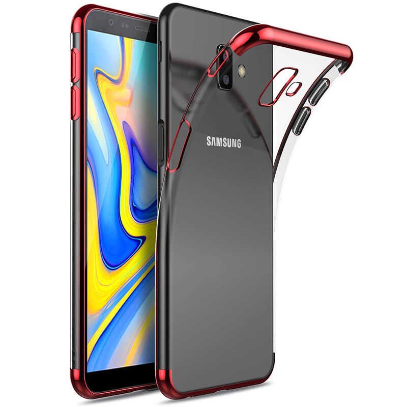 Samsung Galaxy J6 Plus Kılıf Dört Köşe Renkli Lazer Şeffaf Silikon Kapak (GLİTTER) Kırmızı