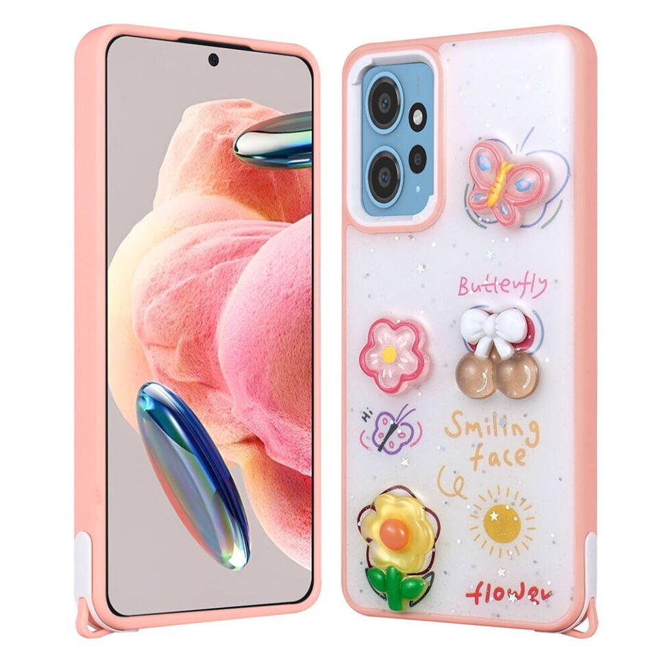 Xiaomi Redmi Note 12 4G Kılıf Parlayan Sıvılı Simli Kabartma Figürlü Kapak (Cevze) Pembe