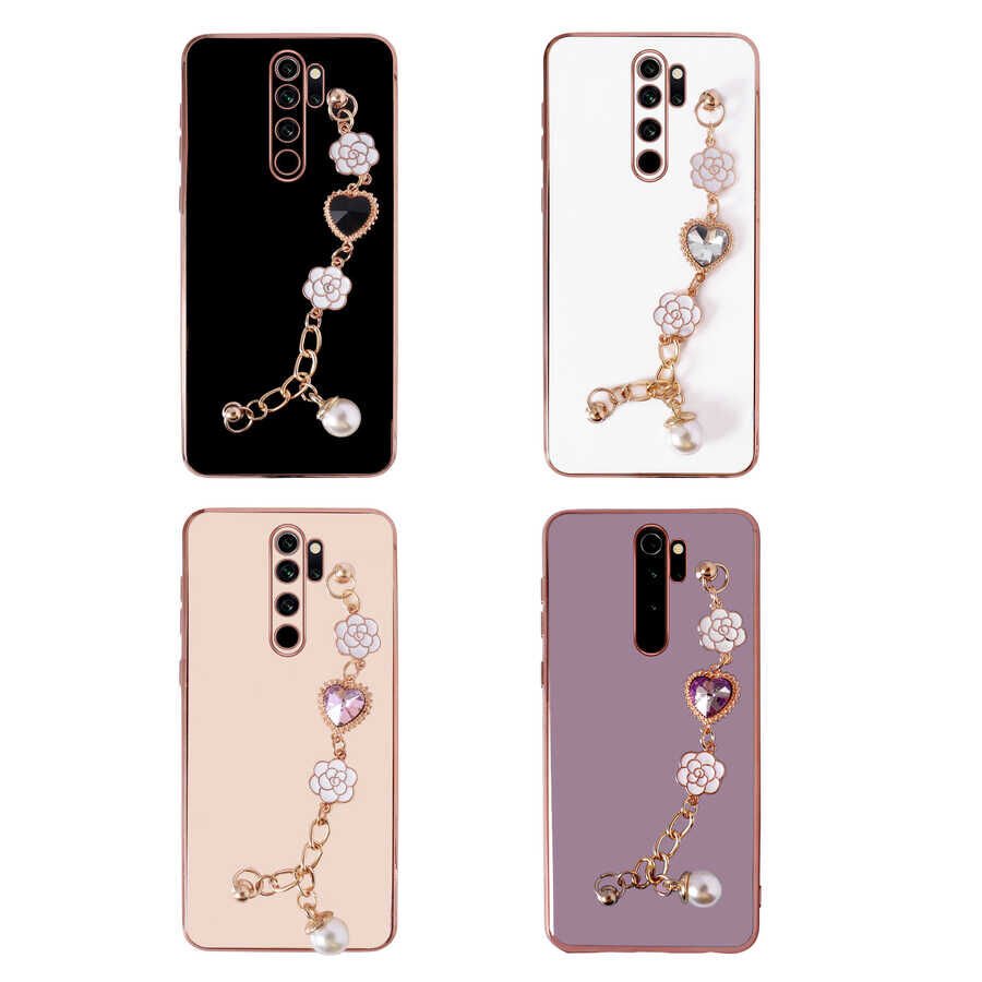 Xiaomi Redmi Note 8 Pro Kılıf Çiçek Desenli Askılı Tutamaçlı Kamera Korumalı Kapak (TAKA) Pembe