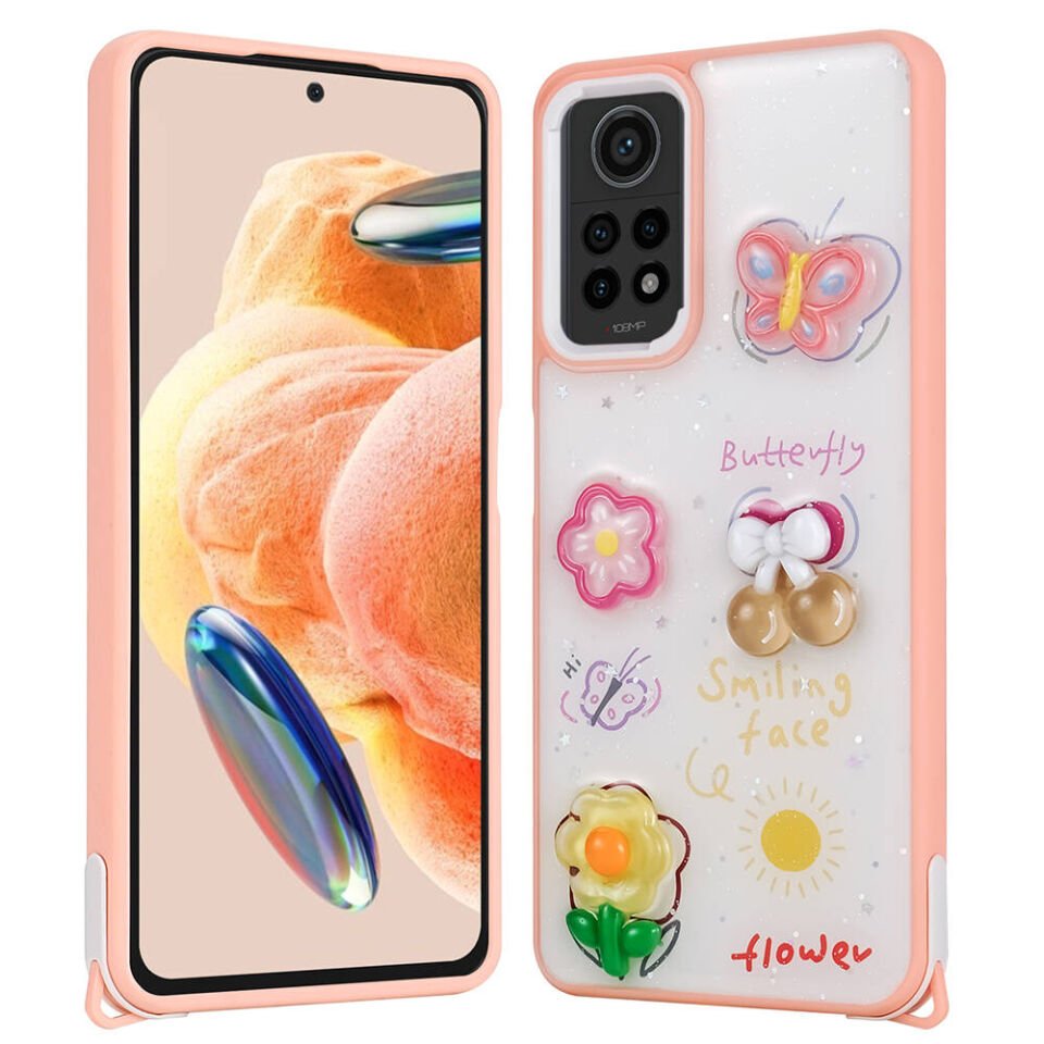 Xiaomi Redmi Note 12 Pro 4G Kılıf Parlayan Sıvılı Simli Kabartma Figürlü Kapak (Cevze) Pembe