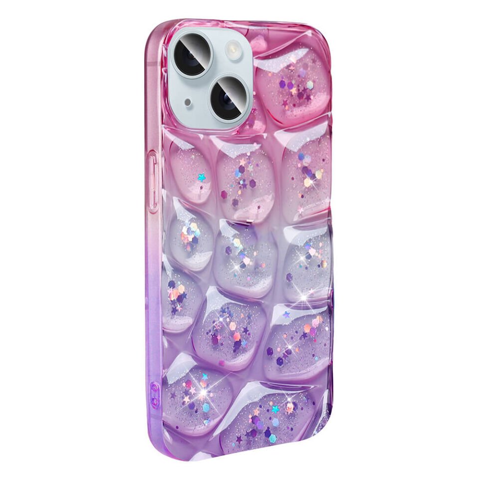 Apple iPhone 14 Kılıf Parlak Simli 3D Desenli Kapak (Hacar) Pembe-Mor