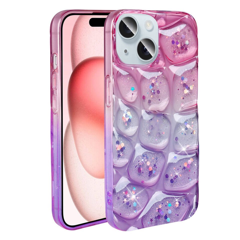 Apple iPhone 14 Kılıf Parlak Simli 3D Desenli Kapak (Hacar) Pembe-Mor