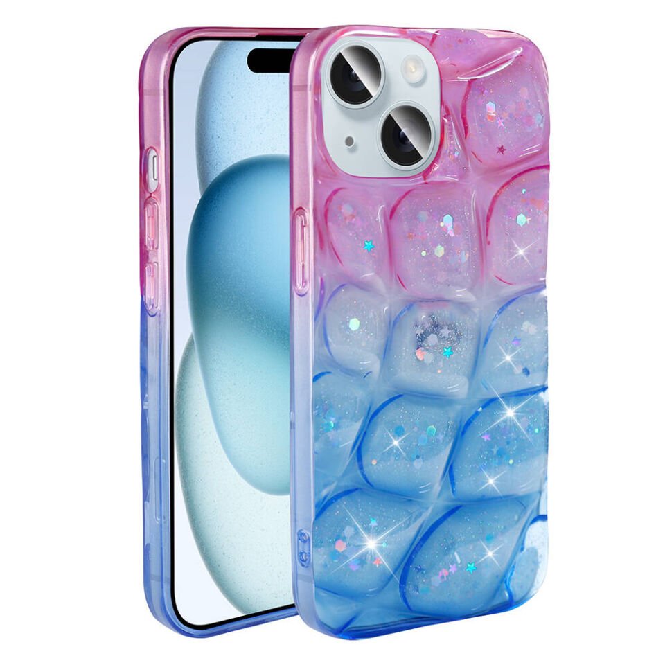 Apple iPhone 14 Kılıf Parlak Simli 3D Desenli Kapak (Hacar) Pembe-Mor