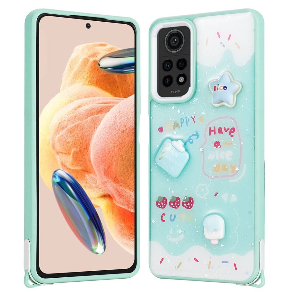 Xiaomi Redmi Note 12 Pro 4G Kılıf Parlayan Sıvılı Simli Kabartma Figürlü Kapak (Cevze) Yeşil
