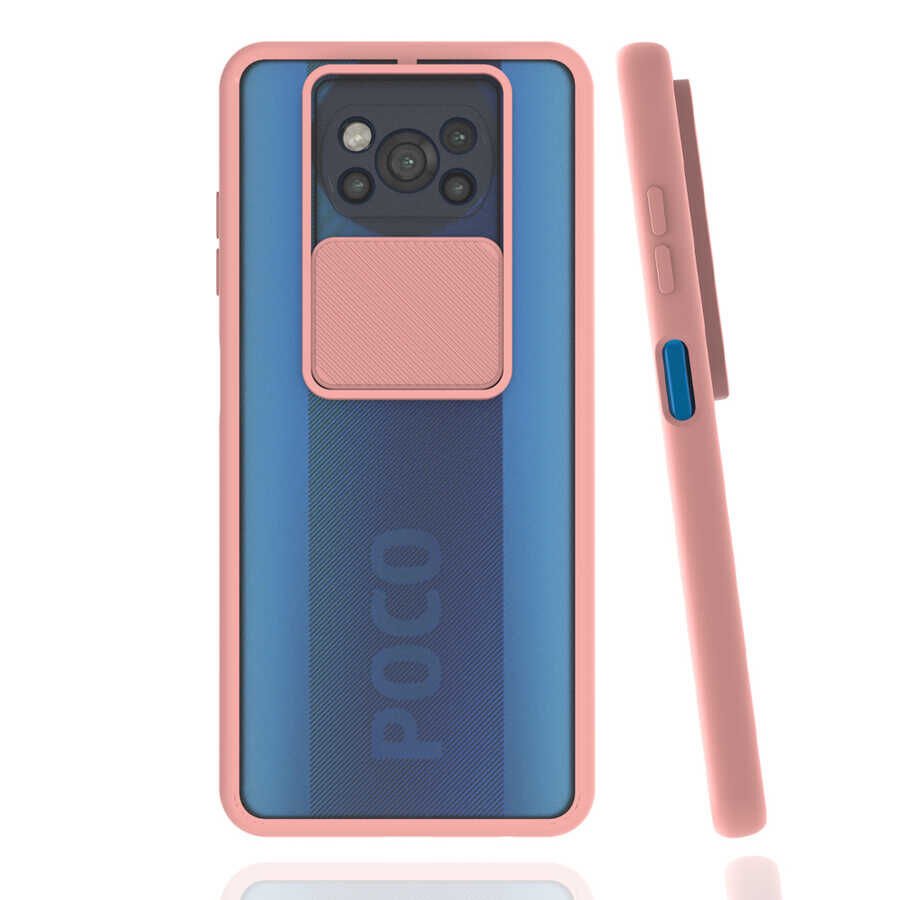 Xiaomi Poco X3 Kılıf Slayt Sürgülü Kamera Korumalı Renkli Silikon Kapak Pembe Açık